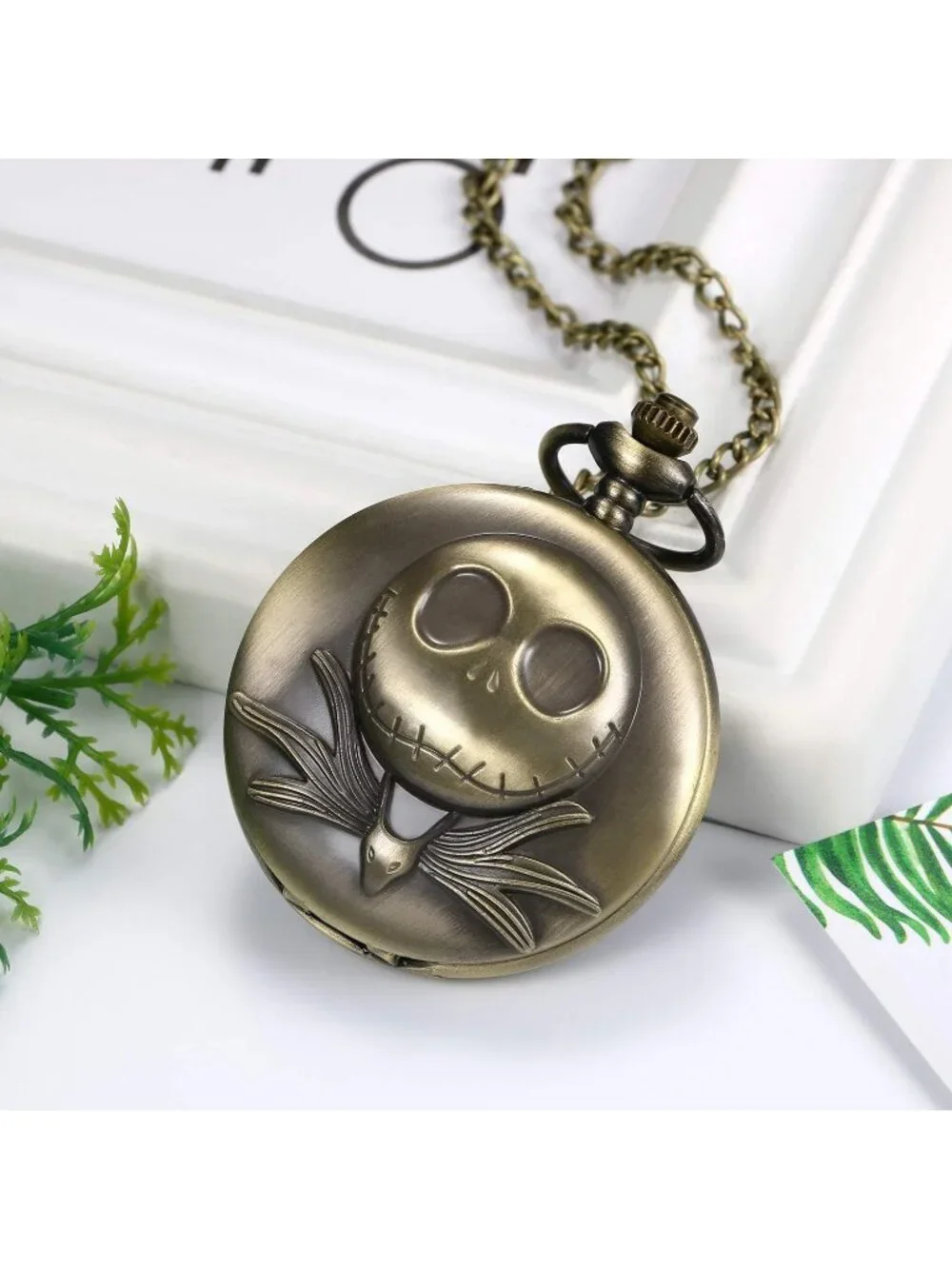 Men's Brown Quartz Vintage Novelty Solid Skull Skeleton Christmas Pocket Watch